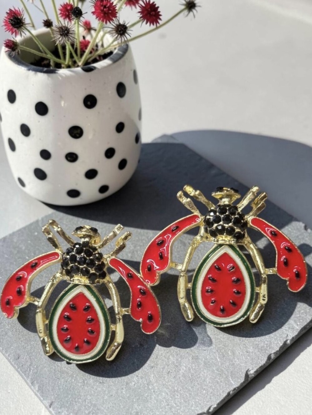 Adorable Gold Red Enamel Watermelon Bee Crystal Earrings